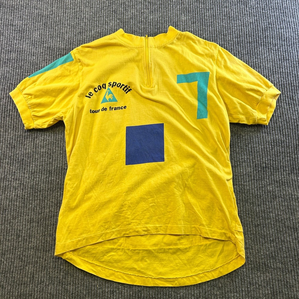 Vintage Le Coq Sportif Tour de France Yellow Cotton Cycling Jersey Mens Large